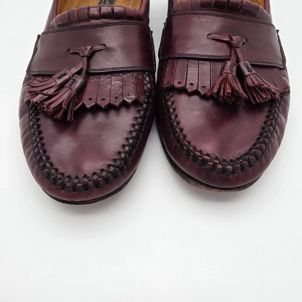 VTG Johnston Murphy Loafers Men 9.5 Leather Burgundy Oxblood Kiltie Tassel Italy